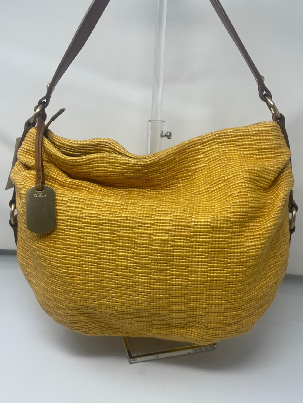 Furla Mustard yellow textured leather hobo bag